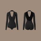 Latin Dance Leotard Ruched Deep V Mock Neck Long Sleeve Bodysuit, view 2