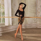 Latin Dance Leotard Wide U Neck Long Sleeve Practice Bodysuit, view 7
