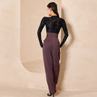 Purple Latin Dance Pants High Waist Pleated Belted Practice Trousers, view 3
