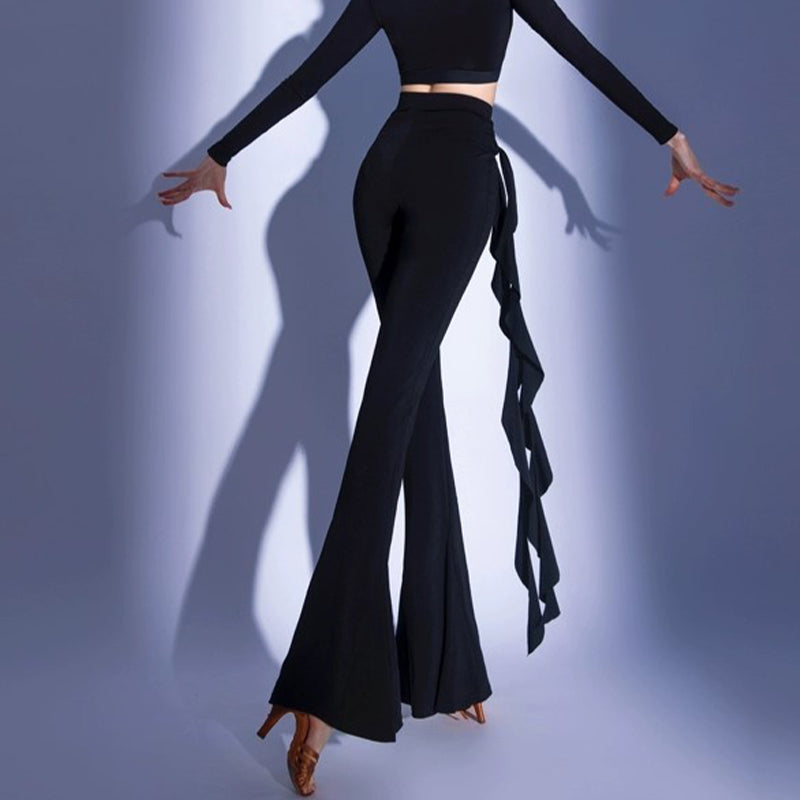 Ruffle Trim Ballroom Dance Pants High Waist Bell Bottom Practice Trousers, view 5