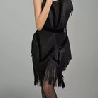 Black velvet panel fringe Latin dance skirt, front view