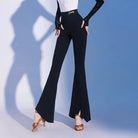 Bootcut Ballroom Dance Pants High Waist Front Split Practice Trousers in Black, on model