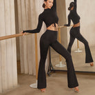Ribbed Latin Dance Pants High Waist Bell Bottom Practice Trousers in Black, on model