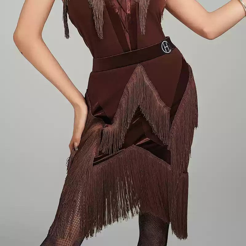 Brown velvet panel fringe Latin dance skirt, front view