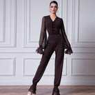 Chiffon Ruffle Ballroom Dance Pants High Waist Tapered Practice Trousers in Brown, on model