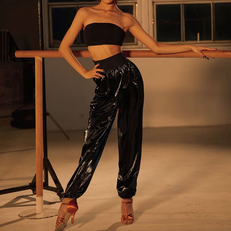 Glossy Sauna Latin Dance Pants High Waist Cuffed Practice Joggers in Black, on model