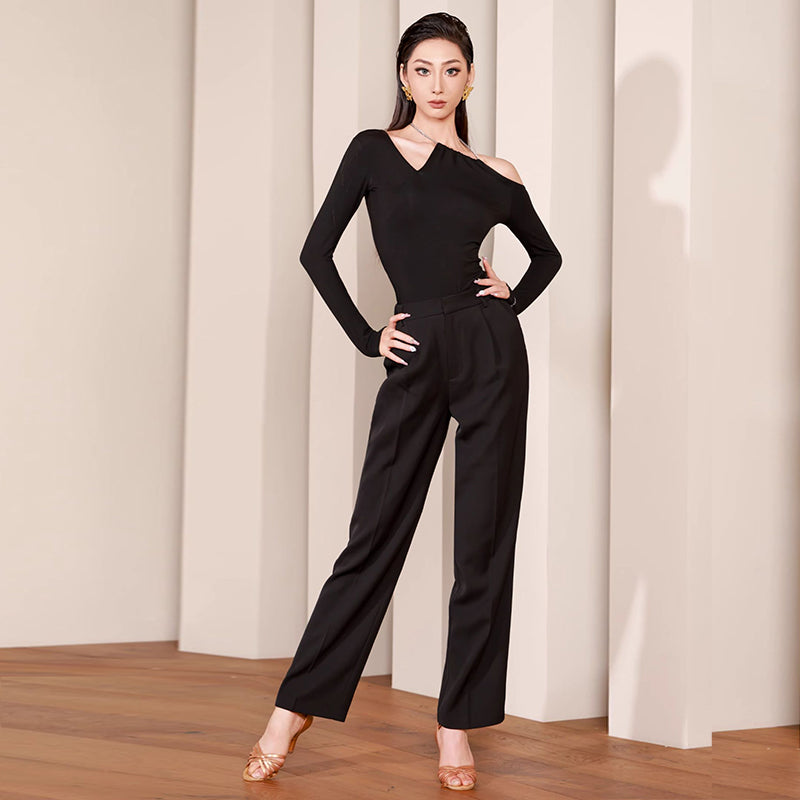 Tailored Latin Dance Pants High Waist Pleated Straight Leg Trousers, view 3