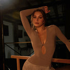 Latin Dance Leotard Deep V Keyhole Ring Long Sleeve Bodysuit, view 7
