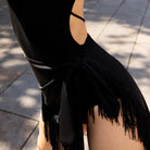 Black fringe hip scarf with side sash, side view