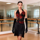 Latin Dance Leotard Rose Print Halter V Neck Bodysuit, view 8