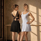 Latin Dance Leotard Sleeveless Tank Mesh Cutout Back Bodysuit in Black, on model