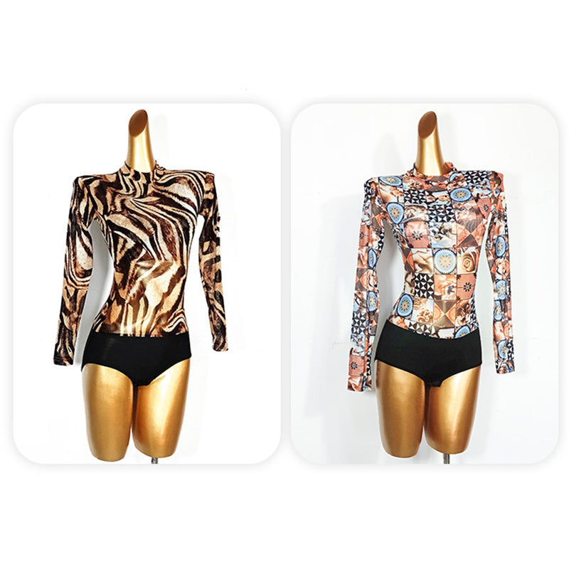 Latin Dance Leotard Animal Print Mesh Mock Neck Bodysuit, view 3