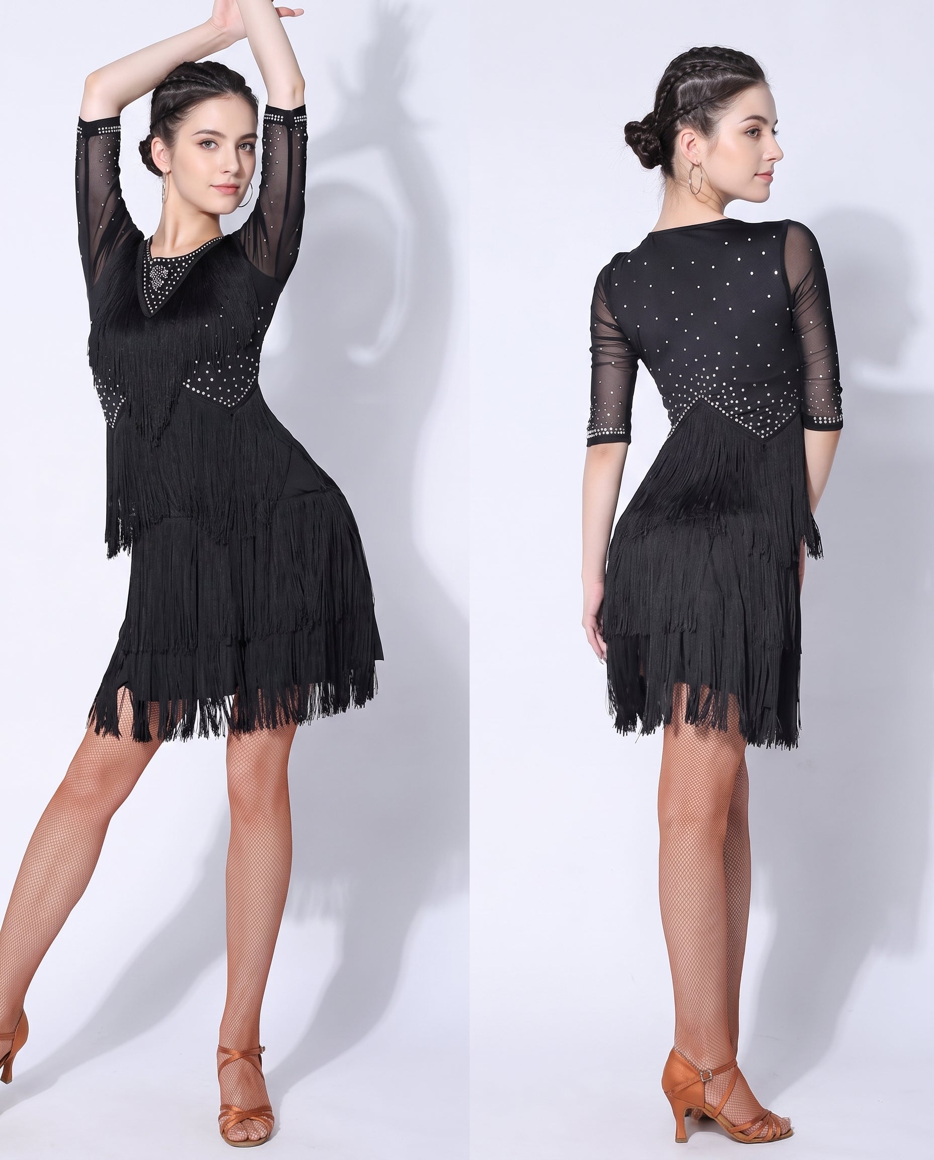 latin dance dress fringe tassel rhinestone mesh sleeve competition performance salsa rumba cha cha samba practice detail