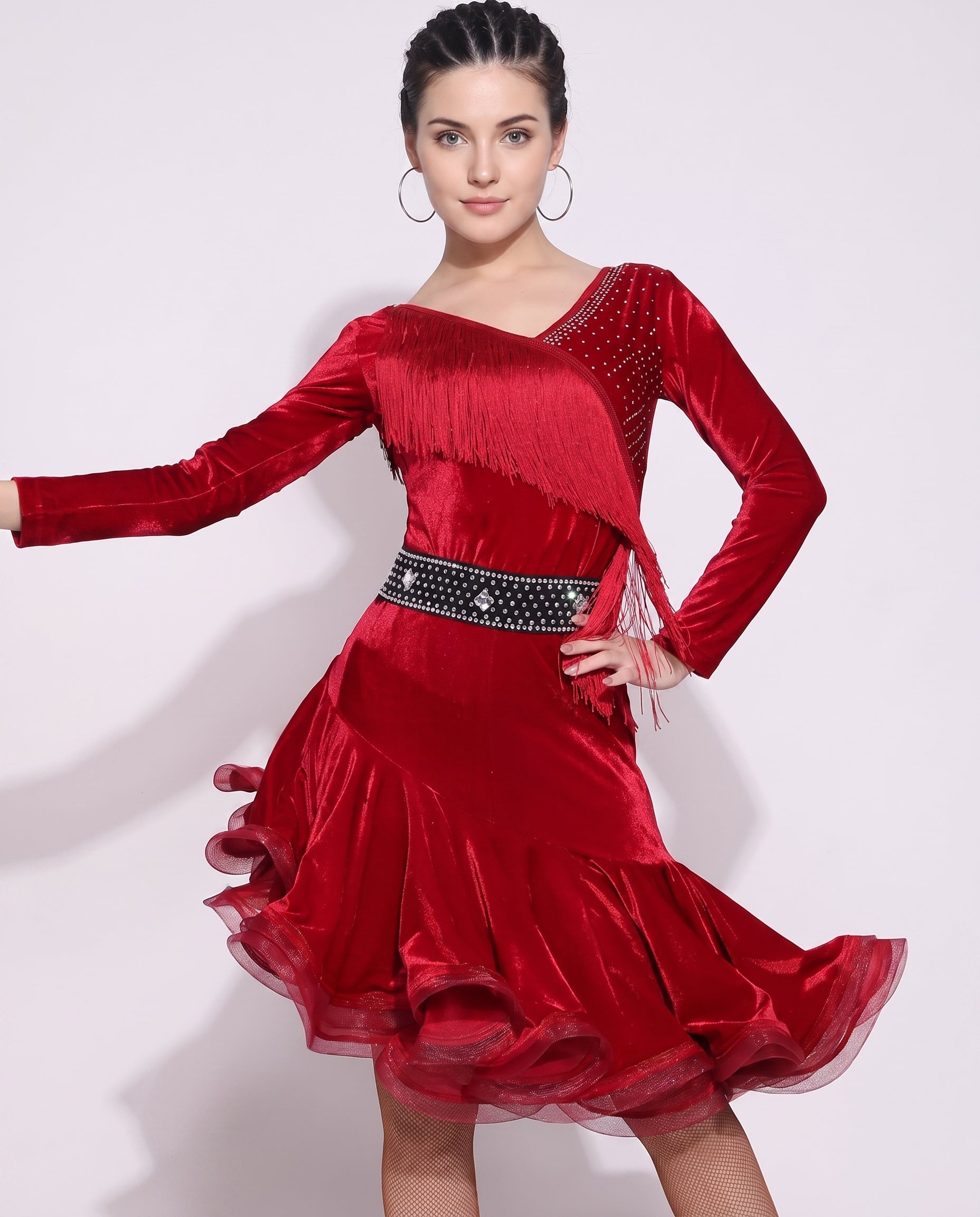 latin dance dress velvet fringe tassel rhinestone long sleeve organza ruffle hem mermaid competition performance salsa r