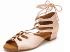 Flesh dance shoes 1.5inch heel front view, nude open toe lace-up
