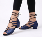 Women's Swing Dance Shoes side view, nude blue lace-up closed-toe Cuban heel pair