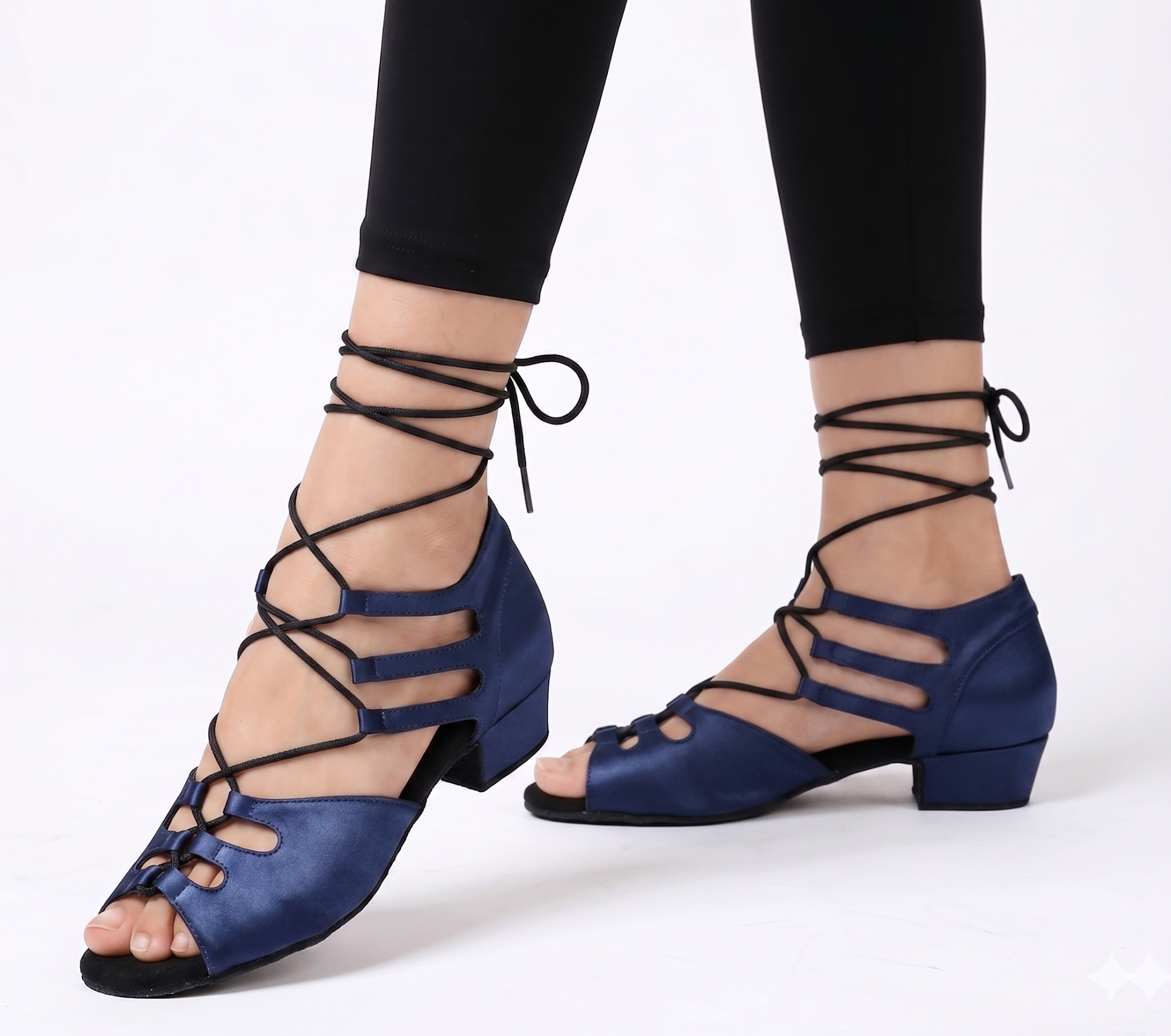 Women's Swing Dance Shoes side view, nude blue lace-up closed-toe Cuban heel pair