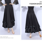 red black ballroom long dance skirt flared godet panel satin ribbon trim mesh horsehair hem high waist fabric close-up