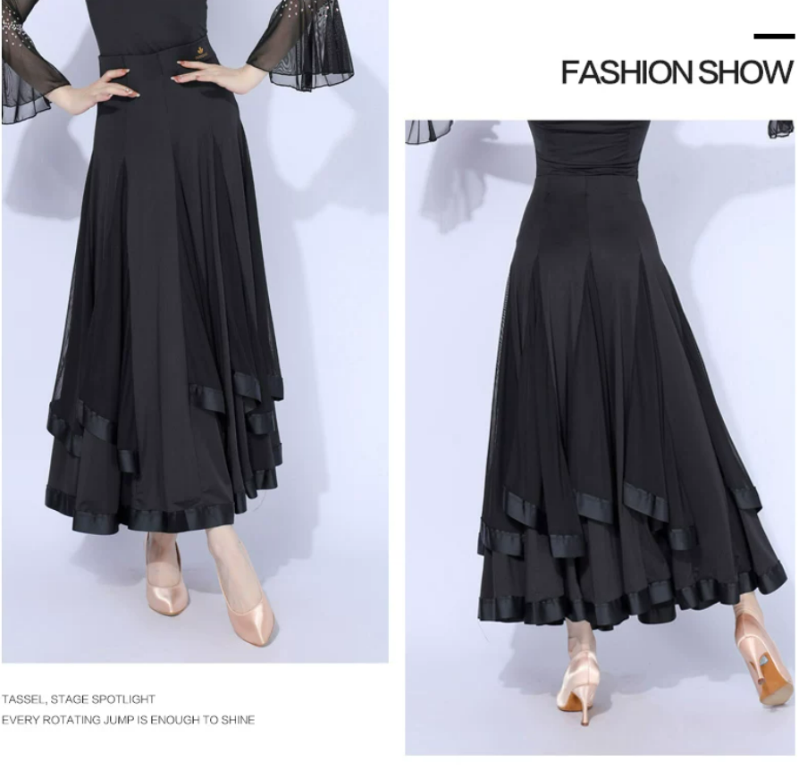 red black ballroom long dance skirt flared godet panel satin ribbon trim mesh horsehair hem high waist fabric close-up