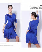 latin dance dress fringe tassel rhinestone mesh sleeve competition performance salsa rumba cha cha samba practice full l