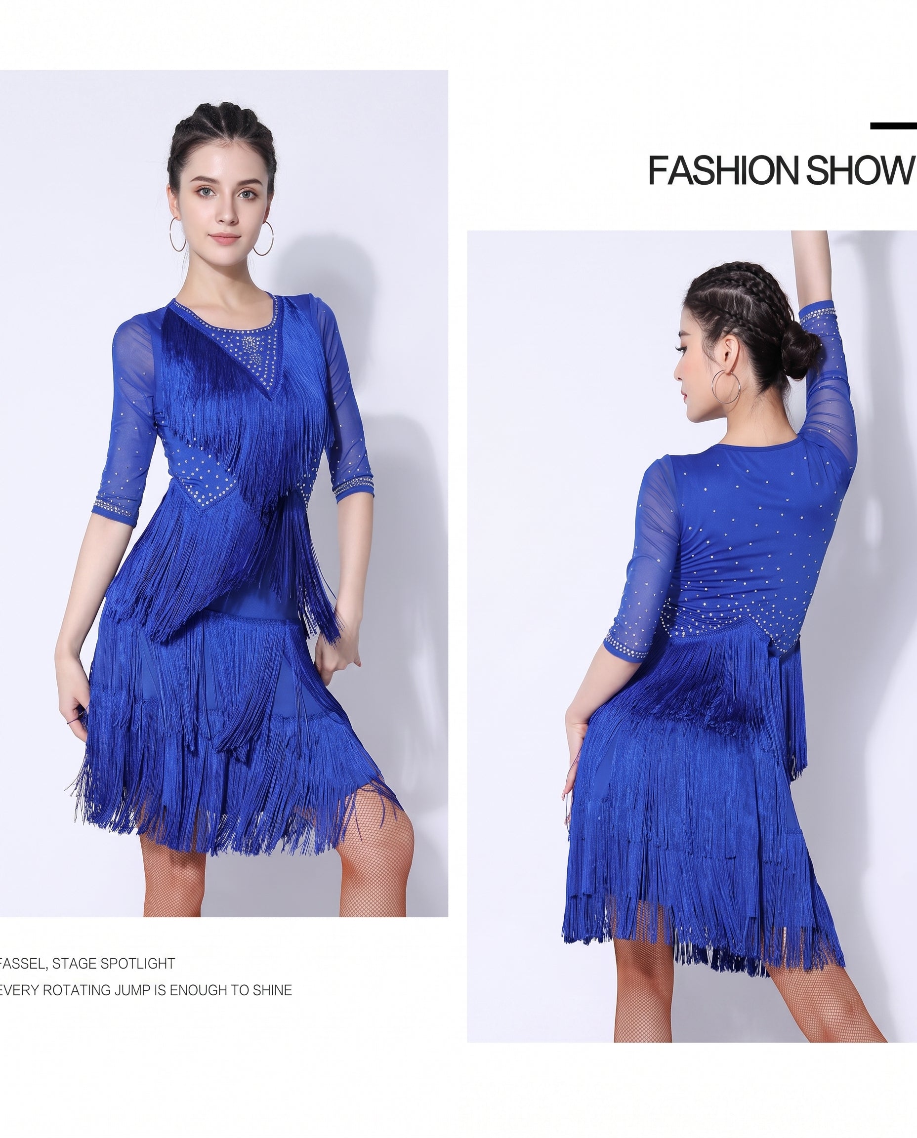 latin dance dress fringe tassel rhinestone mesh sleeve competition performance salsa rumba cha cha samba practice full l