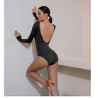 Latin Dance Leotard Brushed Cotton Long Sleeve Open Back Bodysuit in Black, on model