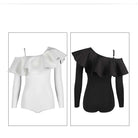 Flat lay of the TTdancewear ruffle off shoulder long sleeve Latin dance leotard bodysuit in white and black
