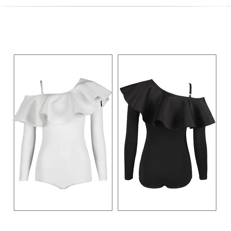Flat lay of the TTdancewear ruffle off shoulder long sleeve Latin dance leotard bodysuit in white and black