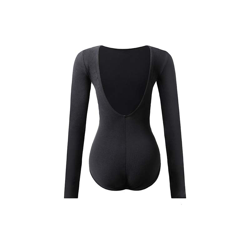 Latin Dance Leotard Brushed Cotton Long Sleeve Open Back Bodysuit, view 3
