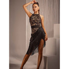Latin Dance Leotard Black Lace Halter Open Back Bodysuit in Black, floral lace and halter neckline detail