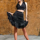 Black tiered fringe Latin dance skirt, front view