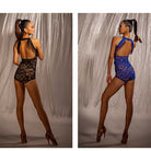 Latin Dance Leotard Black Lace Halter Open Back Bodysuit in Black, fringe-trimmed open back view