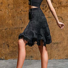Black tiered fringe Latin dance skirt, back view