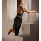 Latin Dance Leotard Black Lace Halter Open Back Bodysuit in Black, open back detail