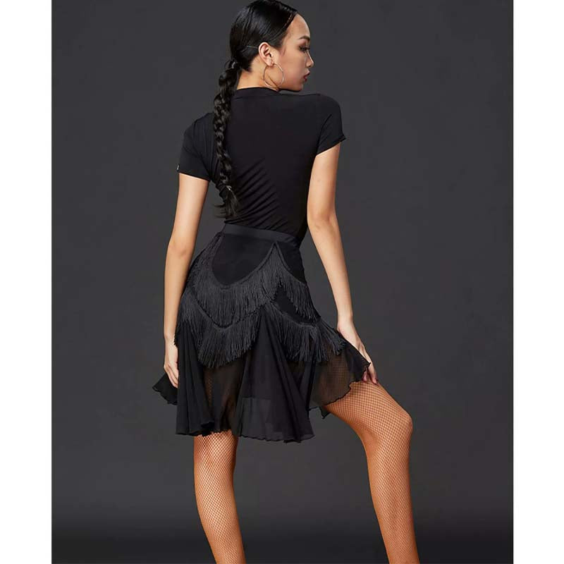 Black fringe Latin dance skirt, back view
