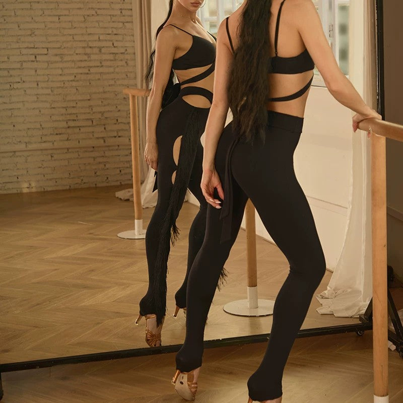 Tassel Latin Dance Pants Cut Out Side Slim Fit Practice Trousers, view 3