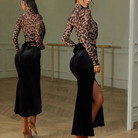Latin Dance Leotard Leopard Mesh Mock Neck Long Sleeve Bodysuit, view 5