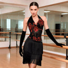 Latin Dance Leotard Rose Print Halter V Neck Bodysuit, view 3