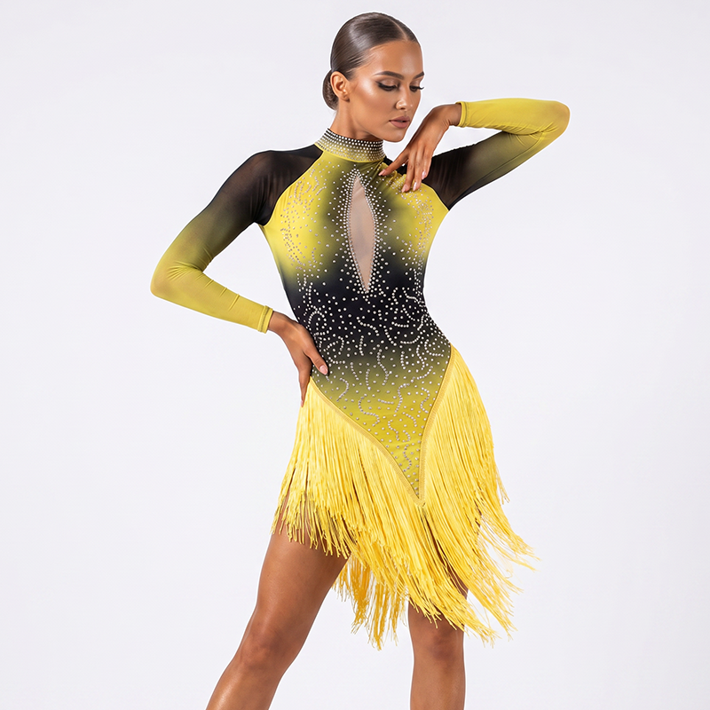 Yellow and black ombre latin salsa dance dress with long sleeves, keyhole front and tassel hem, worn by model