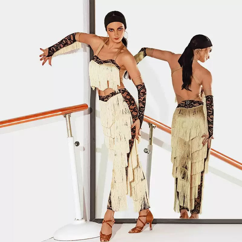 Fringe Latin dance outfit at the barre with mirror