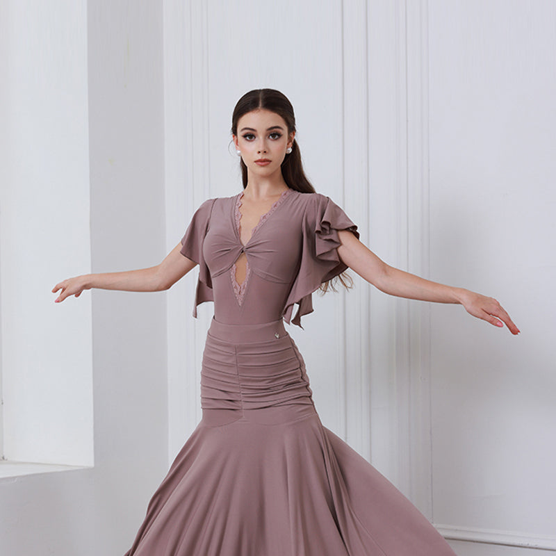 Ballroom Dance Leotard Flutter Sleeve Lace Inset Ruched Bodysuit, view 7