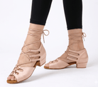 Flesh dance shoes 1.5inch heel side view on feet, nude open toe