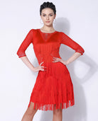 latin dance dress fringe tassel rhinestone mesh sleeve competition performance salsa rumba cha cha samba practice front 