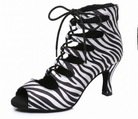 Dance boots front view, zebra print lace-up open toe with cutout design