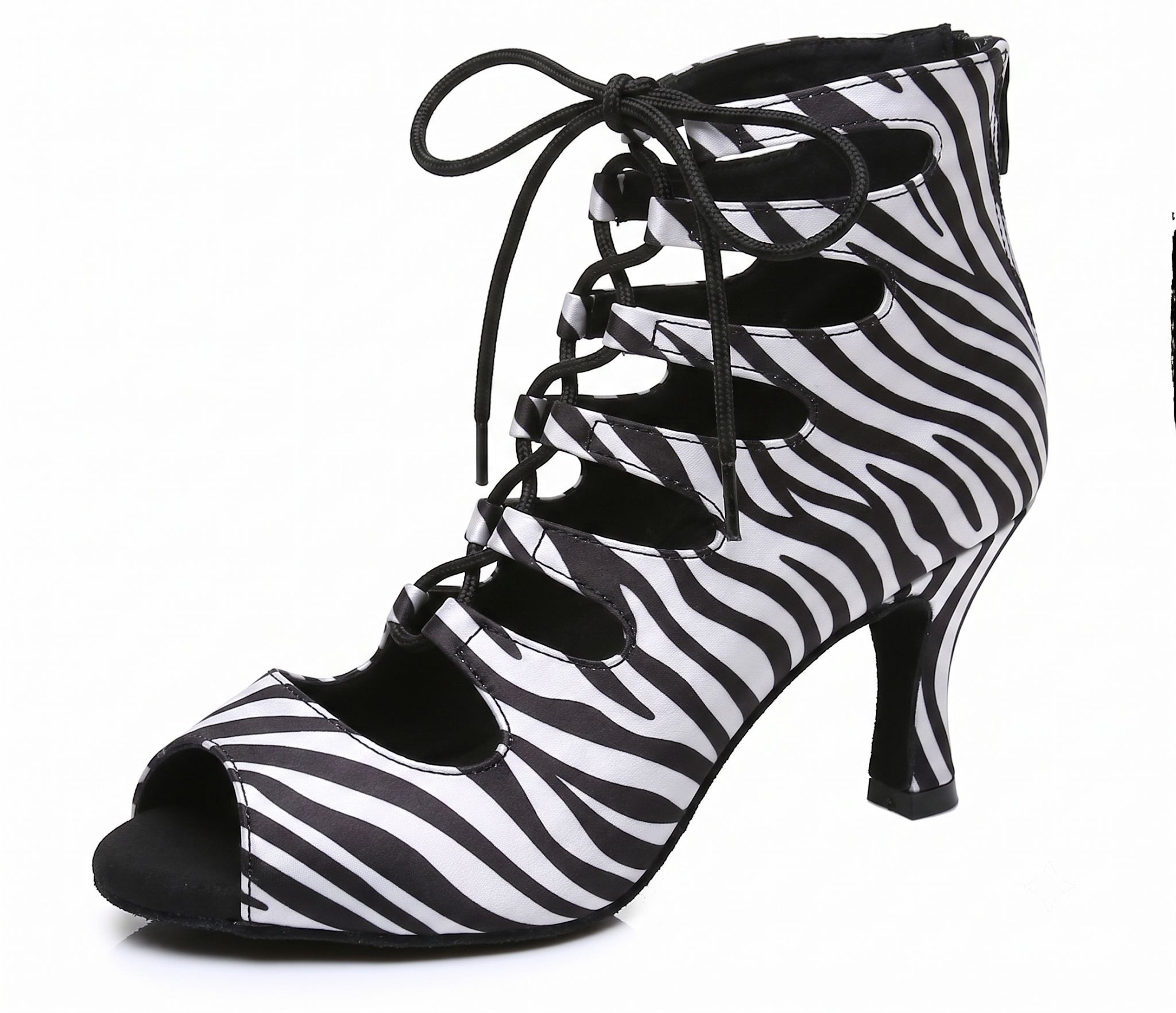 Dance boots front view, zebra print lace-up open toe with cutout design