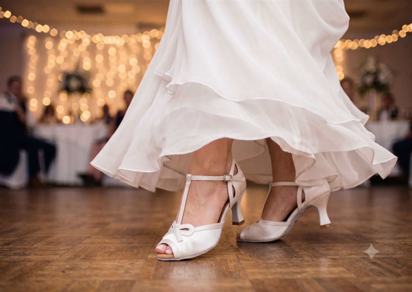 Wedding Bridal Dance Shoes side view showing white flared heel and buckle strap