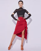 Red Latin Dance Skirt with cascading ruffle, full length front view