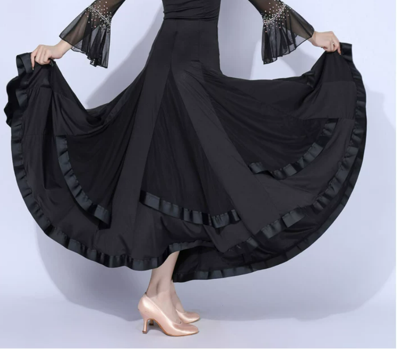 red black ballroom long dance skirt flared godet panel satin ribbon trim mesh horsehair hem high waist detail view