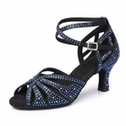 Rhinestone women's latin dance shoes front view with blue crystal straps and buckle closure