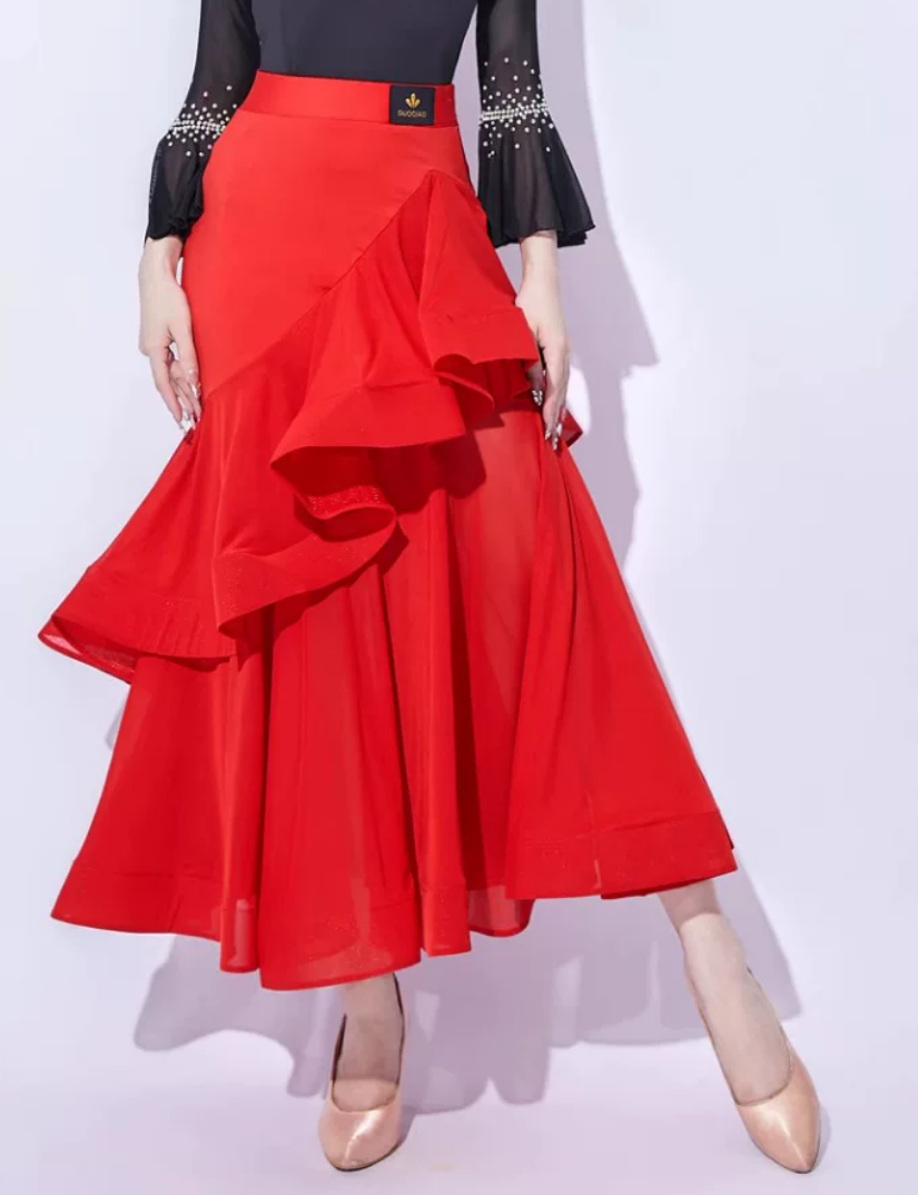 Ballroom asymmetric ruffle cascade dance skirt fabric close-up detail